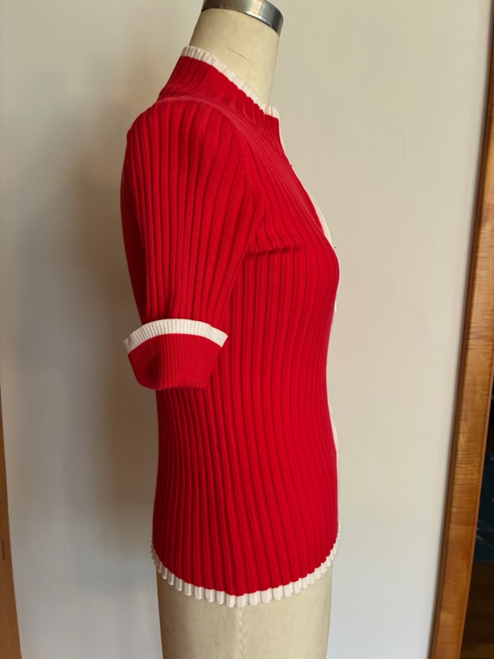 Belldini Coral Knit Cardigan Rhinestone Embellished Zipper White Trim Red Pink - Picture 9 of 10